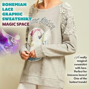 Unicorn Boho Lace Graphic Sweatshirt Magic Space